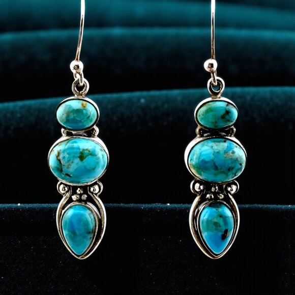 Vintage Sterling Silver Turquoise Dangle Earrings – Modernist 3-Stone Design - Picture 2 of 11